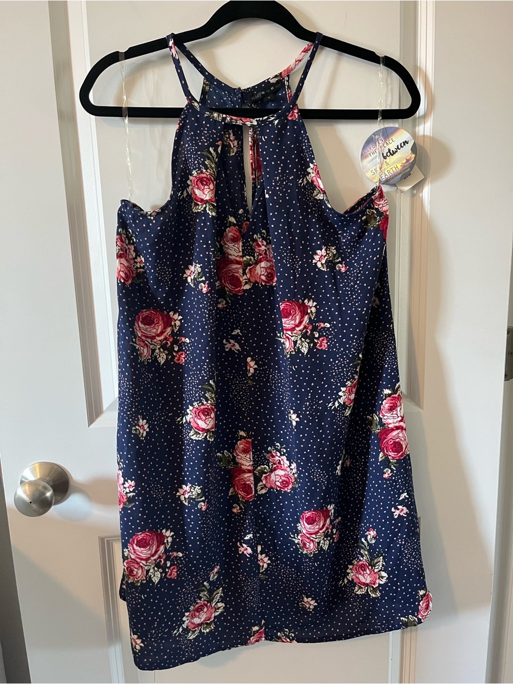 BeBop Navy Floral Halter Midi Dress with Pink Roses